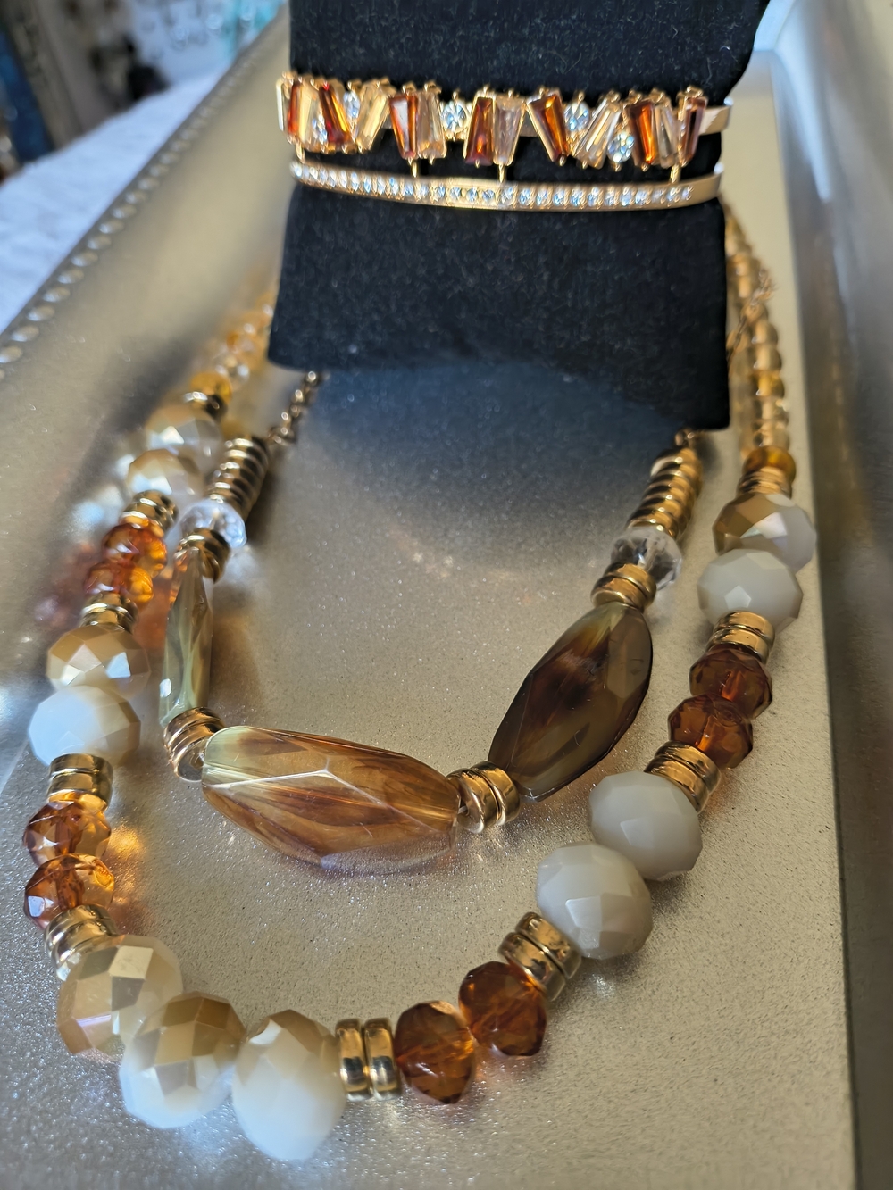 paparazzi Amber & Cream Beaded Layered Necklace